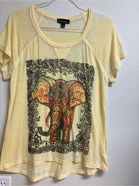 Signature Studio Yellow Tee with Colorful Boho Elephant Graphic